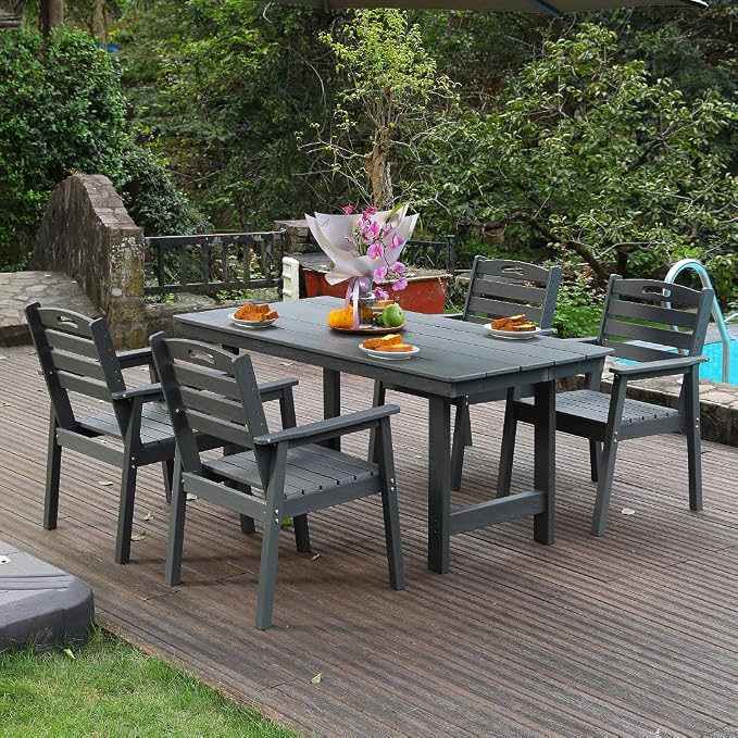 5-Pcs Outdoor Patio Dining Table Set of 4, Outdoor Patio Rectangular 66.9'' Dining Table and Armchair for Garden Backyards Pool Side, Waterproof HDPE Material & 1.95'' Umbrella Hole, Gray