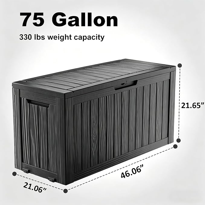 DRATO 75 Gallon Deck Box, Waterproof Resin Large Outdoor Storgae Box for Patio Furniture, Patio Cushions, Gardening Tools, Pool Supplies, Lockable (Black, 75 Gallon)