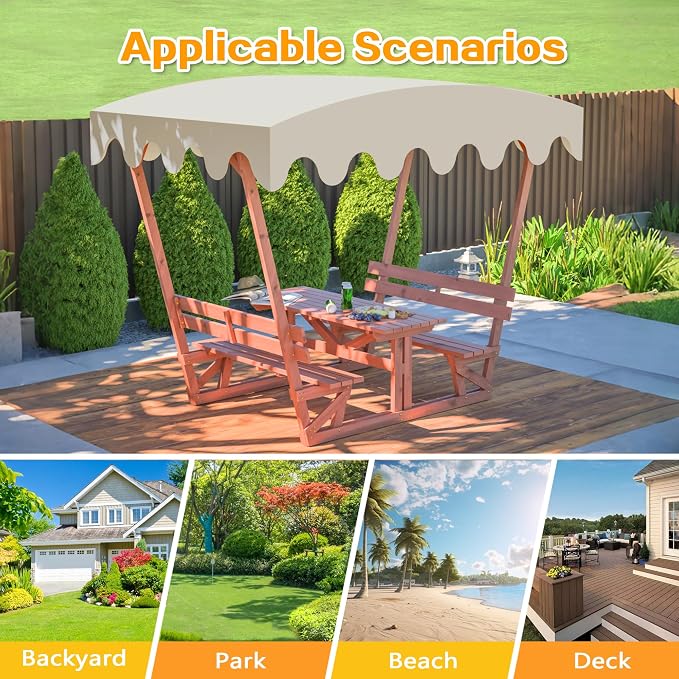 Outdoor Solid Wood Picnic Table with Bench Set & Removable Waterproof Canopy, All-Weather Commercial Camping Table for School, Patio Garden Deck Park Beach, Brown
