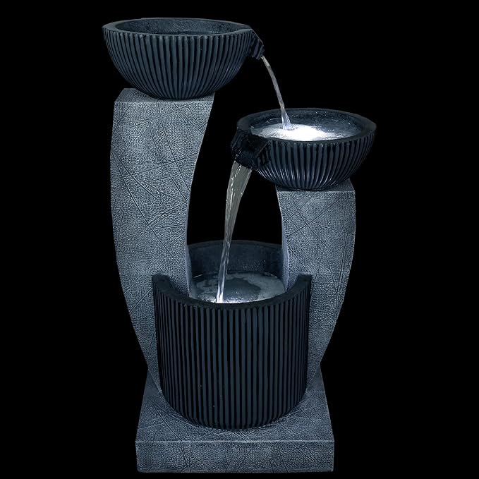 32" Lighted Blue Modern Tiered Outdoor Garden Water Fountain
