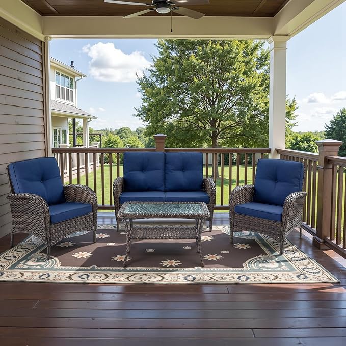 Belord Outdoor Wicker Loveseat Furniture Set of 4 with Coffee Table for Porch Deck Balcony, 4 Pieces Rattan Outdoor Conversation Sets Include 2 Club Chairs 1 Loveseat Couch 1 Coffee Table Brown/Blue