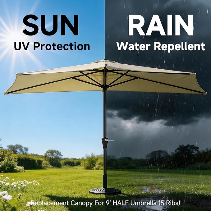9FT 5Ribs Patio Half Umbrella Replacement Canopy Cover, Half Outdoor Umbrella Replacement Cloth, Market Yard Umbrellas Top Cover, Waterproof & UV-Protective (Only Canopy)