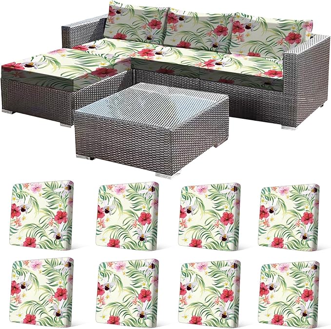 CALBODE 8 Pcs Stretch Outdoor Seat Cushion Covers, Washable Chair Seat Cover for Patio Furniture Cushions Soft Indoor and Outdoor Couch Cover Replacement (Tropical Floral, Beige,Cover Only)
