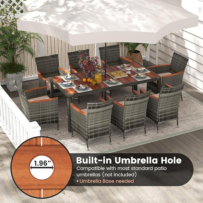 Tangkula 9 Pieces Outdoor Wicker Dining Set, Patio Dining Furniture Set with Acacia Wood Table and 8 Armchairs, Outdoor Table and Chairs Set with 1.96” Umbrella Hole and Cushions