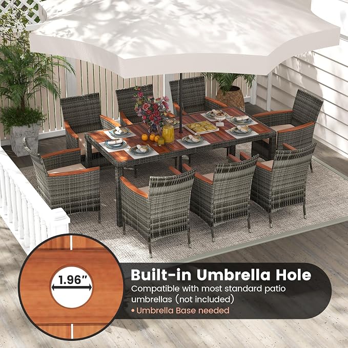 9 Pieces Outdoor Wicker Dining Set with Umbrella Hole, Patio Dining Furniture Set with Acacia Wood Table and Chairs, Garden Dining Table Set for Backyard, Desk, Poolside (Gray)