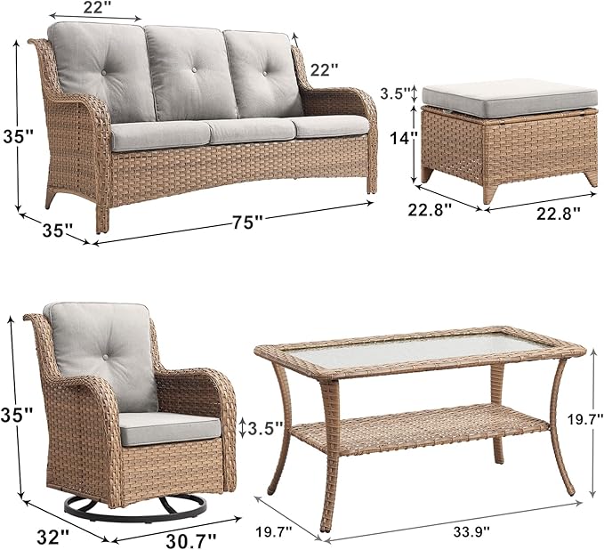 Patio Furniture Swivel Chairs Set - 8 Piece Wicker Rattan Outdoor Sectional Conversation Sets with 4 Swivel Rocking Chairs,2 Ottomans,1 Sofa and 1 Coffee Table for Porch Deck Garden(Yellow/Beige)