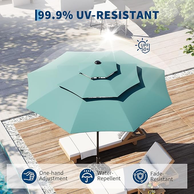 Garvee 10Ft 3-Tier Patio Umbrella, Outdoor Table Umbrella with Vents, Easy Crank and Push Button Tilt, Market Umbrella with 8 Sturdy Ribs for Pool, Deck, Yard, Garden -Turquoise