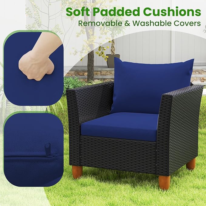 ORALNER 4 Pieces Patio Furniture Set, Outdoor Wicker Conversation Chairs, Loveseat w/Cushion, Acacia Lift-Top Coffee Table, Rattan Set for Balcony Garden Backyard Front Porch Poolside Deck (Navy)