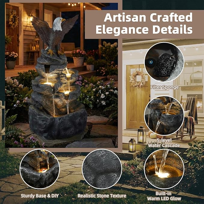 37" H Bald Eagle Waterfall Fountain 5-Tier Rock Cascade Resin Garden Water Feature with LED Lights, Outdoor Patio Water Fountain for Yard Porch Lawn and Home Art Decor