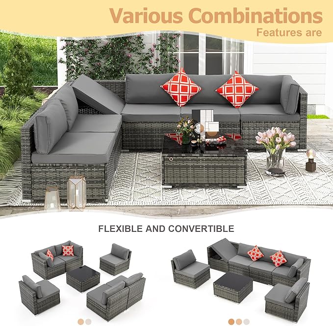 7 Piece Patio Furniture Set with Adjustable Bracket Grey Wicker Rattan Patio Conversation Sets Sectional Sofa Set with Table and Cushions for Porch Lawn Garden, Grey