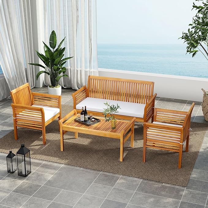 4 Piece Outdoor Acacia Wood Sofa Set w/Removable & Washable Cushions, Slatted Design, Patio Conversation Table Chair Set for Deck, Porch, Lawn, Poolside, Backyard (1)
