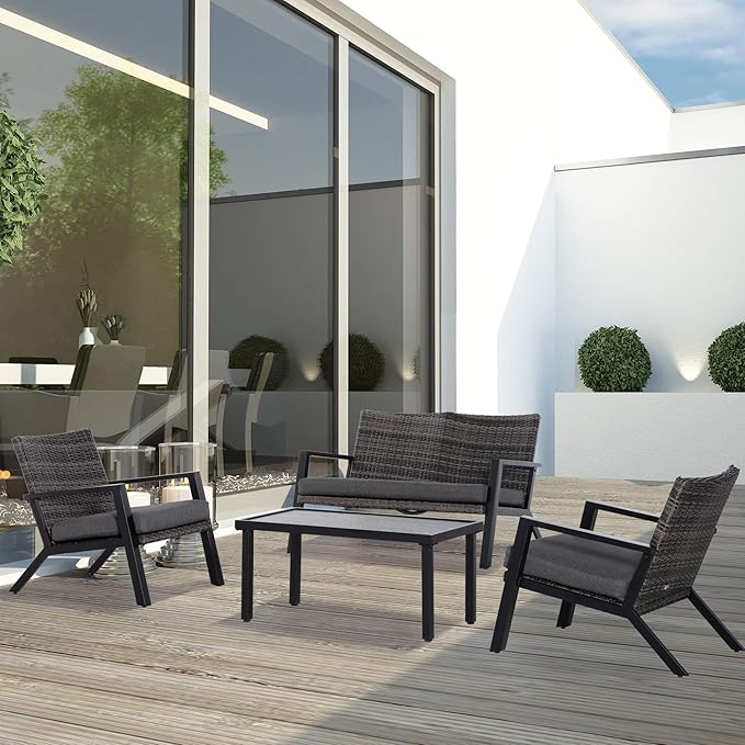 Outsunny 4 Piece Patio Furniture Set, 2 PE Wicker Chairs, Loveseat Sofa, Outdoor Coffee Table, Soft Cushions, Couch & Armchairs for Backyard, Garden, Black