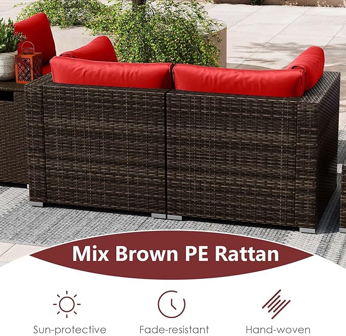 Tangkula 7 Pieces Outdoor Sectional Sofa Set Set with 32” Fire Pit Table and Propane Tank Cover, for Deck, Garden and Backyard, Fire Pit Protective Cover Included (Red)