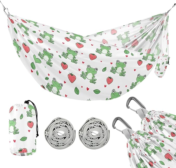 Camping Hammock Outdoor Hammocks for Outside Frog Strawberry White Beach Trees Portable Lightweight with Pockets Tree Straps Indoor