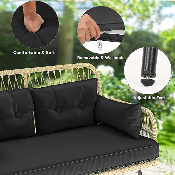 YITAHOME 2-Piece Patio Furniture Wicker Outdoor Loveseat, All-Weather Rattan Conversation for Backyard, Balcony and Deck with Soft Cushions and SideTable (Light Brown+Black)