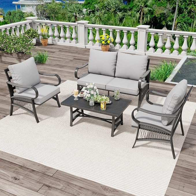 4 Piece Patio Furniture Set, All Weather Outdoor Sectional Sofa Conversation Set with Thick Cushions and Metal Coffee Table for Garden, Porch, Lawn, Grey