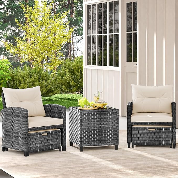 Tangkula 5 Pieces Patio Conversation Set, PE Wicker Rattan Outdoor Furniture Set with 2 Chairs, 2 Ottomans & Tempered Glass Coffee Table, Ideal for Poolside, Backyard, Lawn, Deck, Mix Grey & Off White