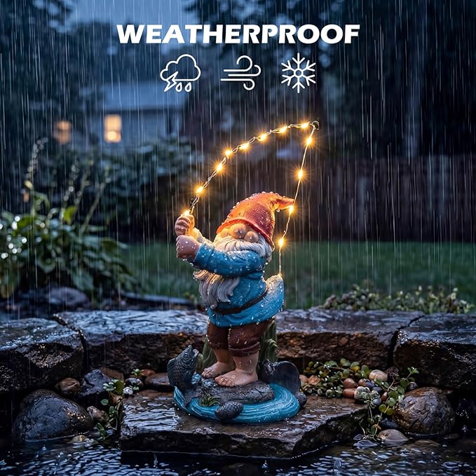 EXYGLO Solar Gnome Garden Statue Decor, 8.5" Fishing Gnome Outdoor Funny Decoration for Lawn, Patio, Yard, and Unique Housewarming, Birthday Ornament Gift for Mother, Friend, Family