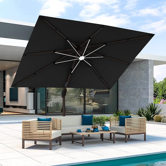 JZAC & QZYD 9x12 FT Outdoor Cantilever Patio Umbrella with LED Lights, Large Heavy Duty 2-Tier Aluminum Offset Umbrellas with 360-Degree Rotation for Pool Deck, Black