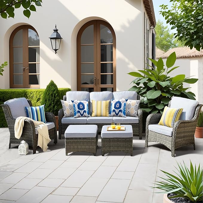 ovios 5-Pieces Patio Furniture, Outdoor Wicker Sofa Couch with Chairs Ottomans Comfy Cushions, All Weather High Back Modern Conversation, Grey Rattan