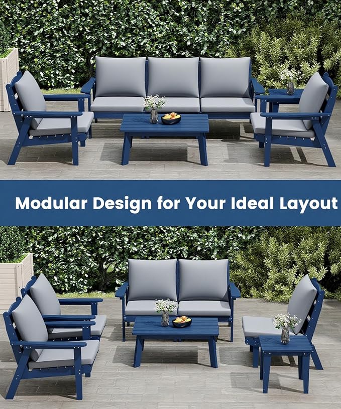 FOOWIN 7-Piece Patio Furniture Set, HDPE All-Weather Outdoor Conversation Set with Thick Cushions, Sectional Patio Sofa Furniture for Deck, Porch, Lawn, Garden, Navy Blue Frame & Grey Cushion