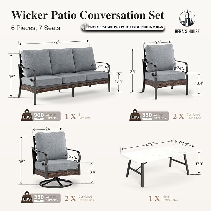 HERA'S HOUSE 6 Pieces Metal Patio Furniture Set, All Weather Outdoor Conversation Set with 3-Seat Sofa, 2 Swivel Chairs, 2 Fixed Chairs & Coffee Table, 7 Seats for Backyard, Garden, Deck, Grey