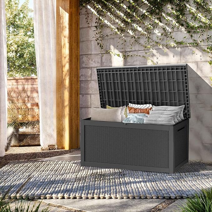 325 Gallon Outdoor Storage Box, Extra Large Waterproof Resin Deck Box with Lockable Lid Storage Bin for Patio Furniture Cushion, Garden Tools, Pool Accessories, UV-Resistant Outside, Black