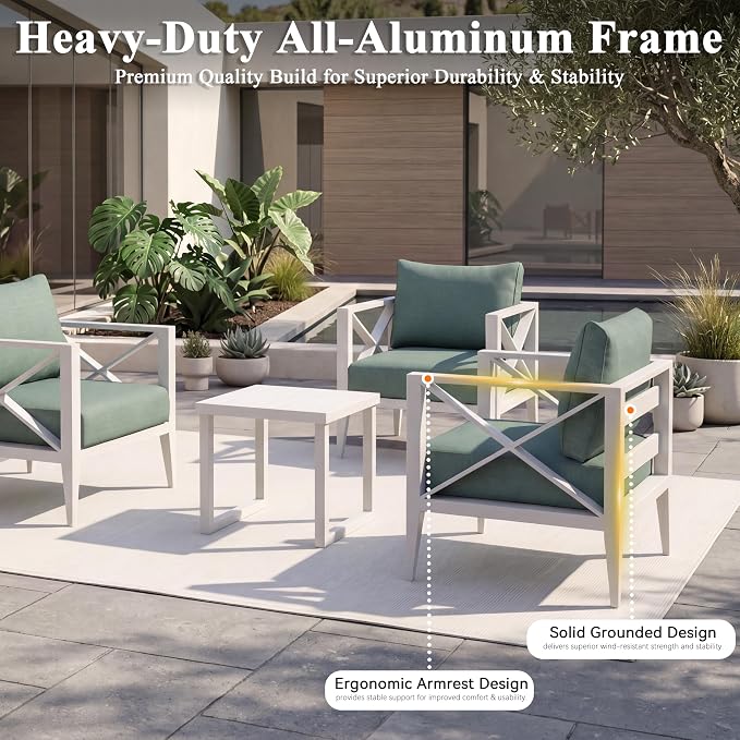 3 Piece Aluminum Patio Furniture Set, Modern Outdoor Patio Conversation Sets with Ergonomic Armhairs and Side Table, 6" Thick Washable Cushions for Balcony, Porch, Backyard,White