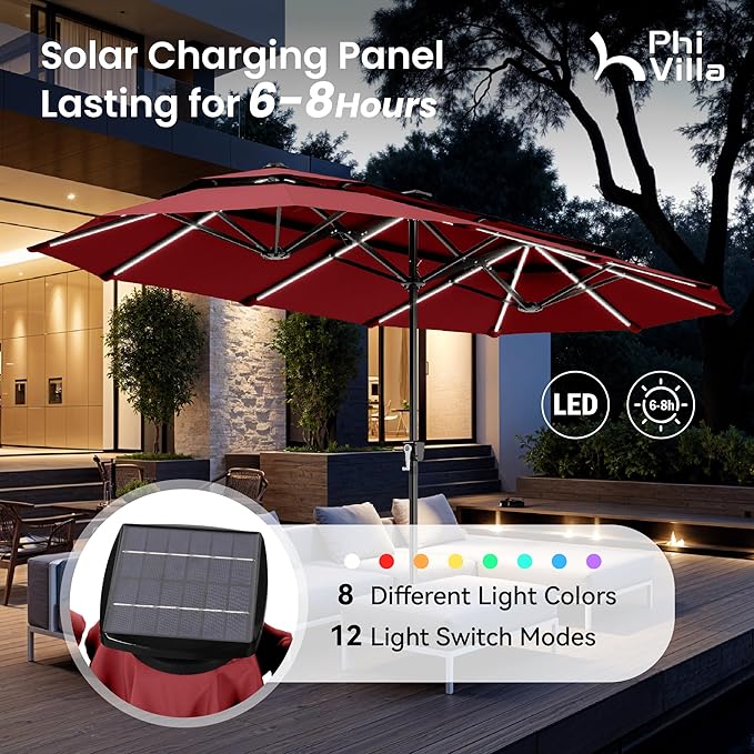 PHI VILLA 13ft Patio Umbrella with 120 PCS Solar-Powered LED Color-Changing Lights, 2-Tier Double-Sided Large Rectanglular Umbrella with Base Included, Wine Red