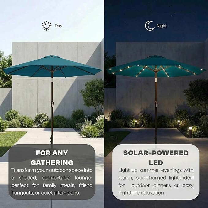 11FT Solar Lighted Patio Umbrella, Outdoor Table Market Umbrellas with Crank Lift, 32 LED Lights, 8 Sturdy Ribs, UV-Resistant for Deck, Garden, Pool