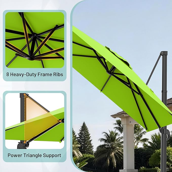 AreShark 9 × 9FT Square Cantilever Patio Umbrella with Base Included, 360° Rotation Offset Outdoor Umbrella, 5 Tilt Settings Heavy Duty Hanging Parasol for Deck Garden Pool, Apple Green