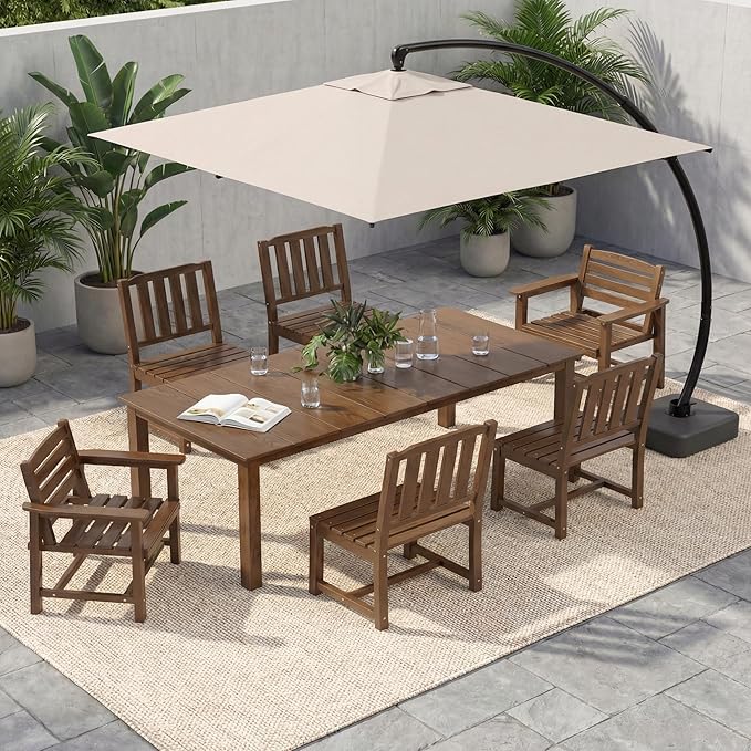 HDPE Outdoor Dining Set for 6, 7-Piece Outdoor Dining Table Set with 11FT Cantilever Umbrella, Patio Table and Chairs Set with Aluminum Frame & Legs(Brown)