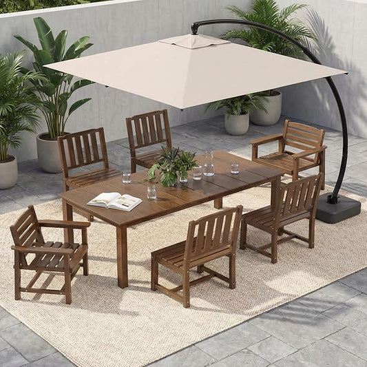 HDPE Outdoor Dining Set for 6, 7-Piece Outdoor Dining Table Set with 11FT Cantilever Umbrella, Patio Table and Chairs Set with Aluminum Frame & Legs(Brown)