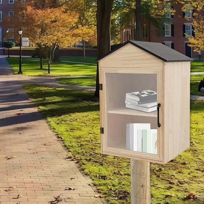 Outdoor Library Box, 16x14.6x25.4inch Wood Literature Exchange Box DIY Little Wood Cabinet with Shelf for Outside Neighborhoods Community and Schools Sharing Books Literature (Gable Roof)