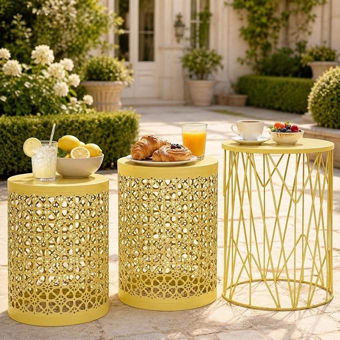 Y&M Set of 3 Stacking Coffee Table for Living Room, Nesting Side Table,Indoor End Tables for Bedroom, Outdoor Decorative Garden Stool with Heavy Duty Metal Frame Modern Industrial Decor - Yellow
