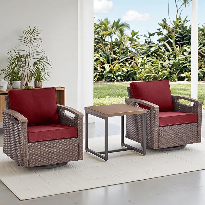 Rilyson Outdoor Patio Swivel Rocking Chairs Set of 2, Patio Bistro Set with All Weather Wicker, Metal Armrest, Deep Seating, Thick Cushions, Side Table, Ideal for Deck Porch Backyard, Brown/Red