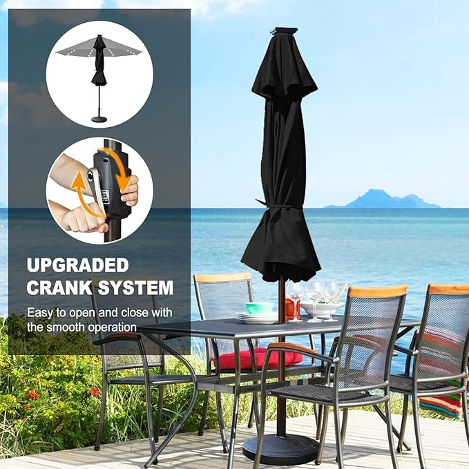 Eurmax USA 10-Year-Non-Fading 10FT Outdoor Patio Market Umbrella with LED Lights,UPF50+ UV Resistant,Heavy Duty Commercial Grade,Crank Lift Design,Windproof Vented Top for Garden,Pool,Deck,Black