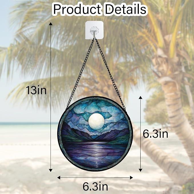 DASTOLL Stained Glass Window Hanging, Blue Night Moon Lake Sun Catchers Colorful Glass Panel Landscape Suncatcher Decor for Birthday for Women, Men, Wife, Aunt, and Mom 6.3 in