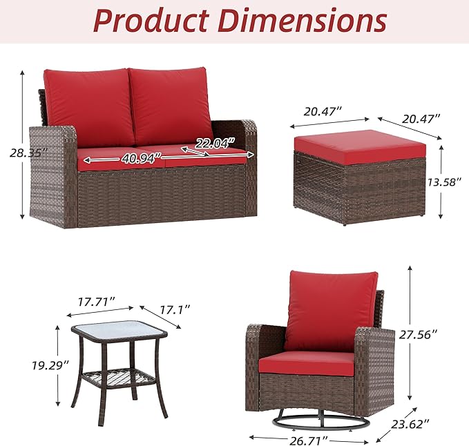 HOMREST 6 Piece Patio Conversation Sets with Loveseat, Rattan Wicker Swivel Chairs with 2 Ottoman, Coffee Table & Cushions, Outdoor Furniture Sets for Garden, Poolside, Backyard (Wine Red)