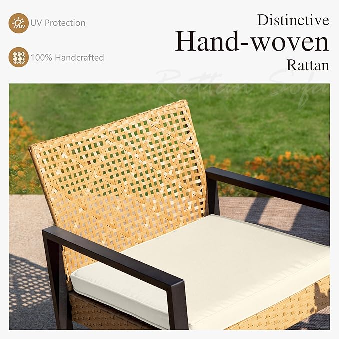 Sophia & William 4 Pieces Patio Conversation Set, Wicker Outdoor Furniture Set for 4, All Weather Outdoor Seating Set, Rattan Loveseat & Chairs with Cushions & Coffee Table，Yellow and Beige