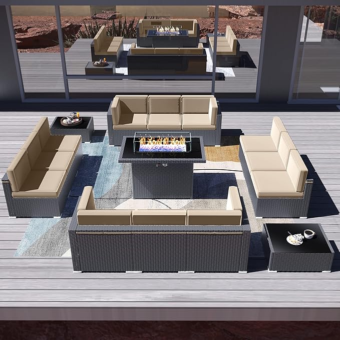 15 Pieces Patio Furniture Set with 44" Propane Gas Fire Pit Table, Outdoor Sectional Wicker Conversation Sofa Sets with Coffee Table