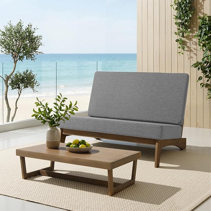 UIXE Wood Patio Furniture Sets, 2 Pieces All Weather Patio Loveseat Outdoor Sofa with Solid Wooden Coffee Table - Light Gray