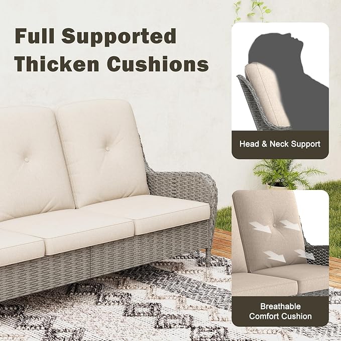 Kinsuite 7 PCS Patio Furniture Set, Outdoor Conversation Sets with Swivel Chairs & Ottomans, All-Weather Gray Wicker Sectional Sofa with Thicken Cushions for Garden, Lawn, Deck, Backyard, Khaki