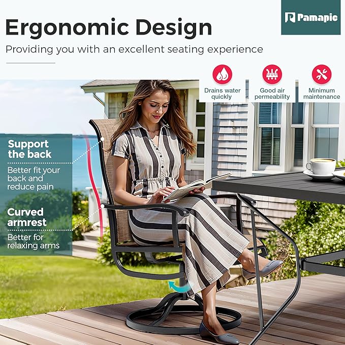 7-Piece Outdoor Dining Set, Patio Furniture Set with Textilene Swivel Chairs, Outdoor Table & 6 Chairs for Garden, Backyard, Poolside, Deck, Beige