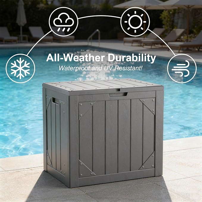 30 Gallon Outdoor Storage Box, Waterproof Resin Deck Box with Lockable Lid Large Storage Bin for Patio Furniture Cushion, Garden Tools, Pool Accessories, UV-Resistant Outside Delivery, Gray