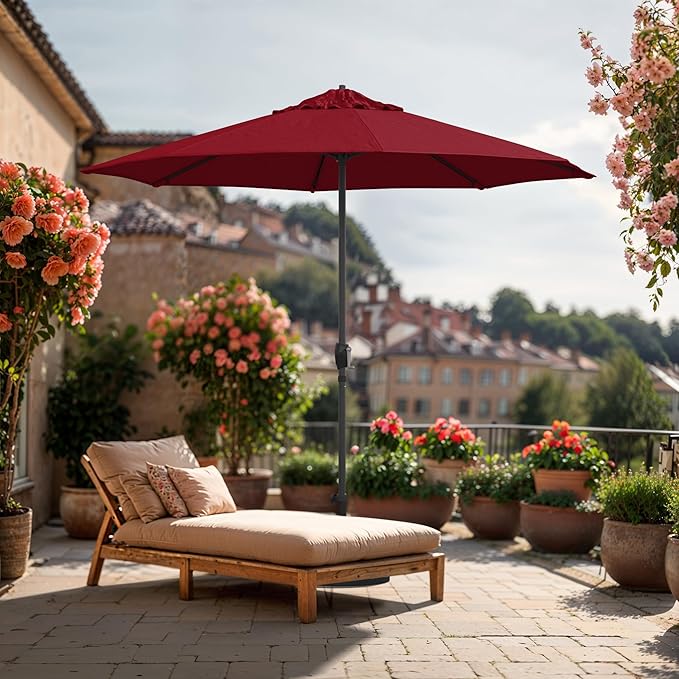 California Umbrella 8-Year Protection 9 Ft Outdoor Patio Umbrella, Solstice Fade-Resistant Fabric, Auto-Tilt, Heavy Duty Aluminum Frame, 8 Reinforced Ribs for Pool or Deck, Bronze Pole, Red