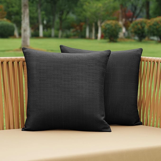 NiNi ALL Pack of 2 Decorative Outdoor Waterproof Pillow Covers Square Garden Linen Textured Cushion Sham Throw Pillowcase Set of 2 for Patio Farmhouse Garden Tent Couch 26x26 Inch Black