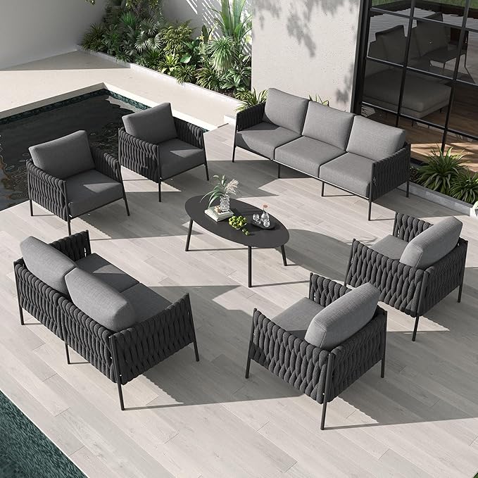LayinSun 7 Piece Outdoor Furniture Set with Coffee Table, Modern Rope Woven Patio Conversation Sofa Set with Olefin Braid and Deep Seating