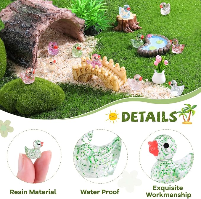 TINKRSTUFF 120PCS Mini Resin Animals Cute Colorful Glitter Tiny Ducks, Miniature Resin Figures to Hide, Little Animal Accessories Bulk for Topper Garden Dollhouse Landscape Aquarium Ornament DIY Craft