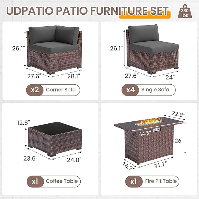 UDPATIO Patio Furniture Set with 44'' Fire Pit Table,Modular Outdoor Furniture Sets,Slanted Back Outdoor Sectional Conversation Set PE Rattan Sofa for Backyard W/Coffee Table,4'' Cushions,8 PCS,Grey